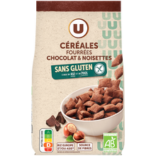 U SANS GLUTEN Céréales fourrées chocolat noisettes bio U SANS GLUTEN, sachet de 375g