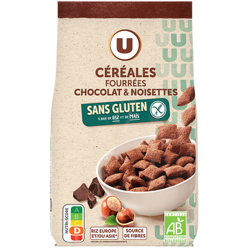 U SANS GLUTEN Céréales fourrées chocolat noisettes bio U SANS GLUTEN, sachet de 375g