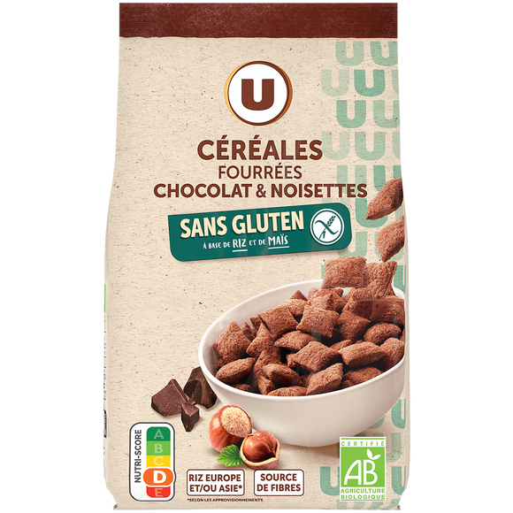 U SANS GLUTEN Céréales fourrées chocolat noisettes bio U SANS GLUTEN, sachet de 375g