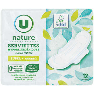 U NATURE Serviettes hygiéniques ultra minces super + x12