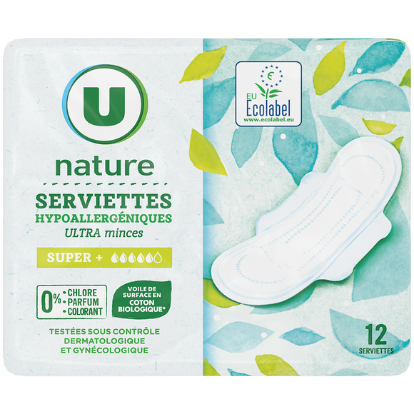 U NATURE Serviettes hygiéniques ultra minces super + x12