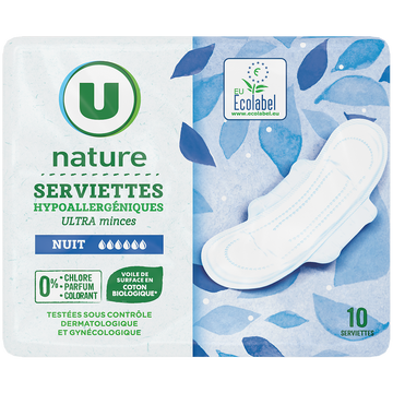 U NATURE Serviettes hygiéniques ultra mince nuit x10