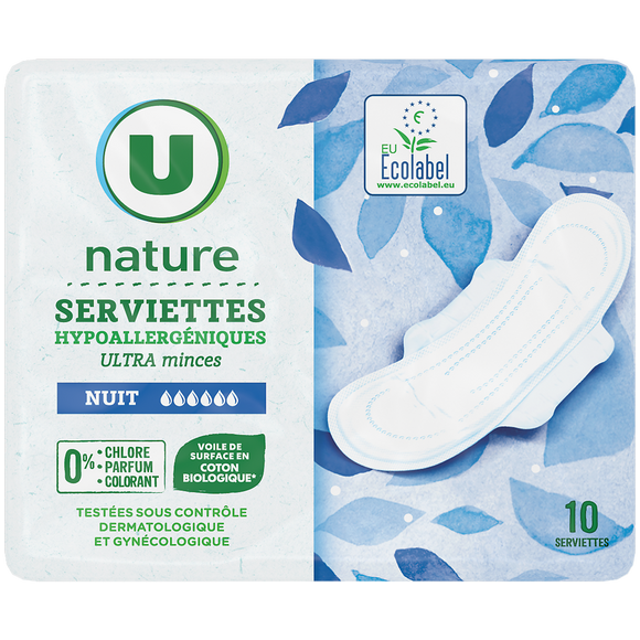 U NATURE Serviettes hygiéniques ultra mince nuit x10