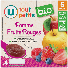 U TOUT PETITS BIO Petits pots bébé dessert pomme fruits rouges dès 6 mois 4x100g