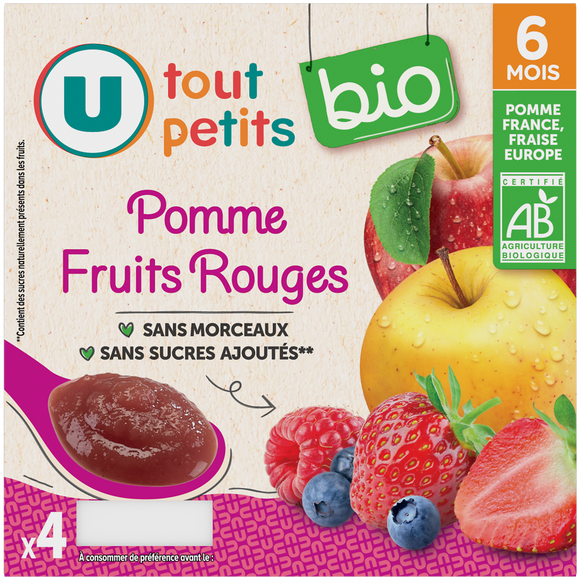 U TOUT PETITS BIO Petits pots bébé dessert pomme fruits rouges dès 6 mois 4x100g