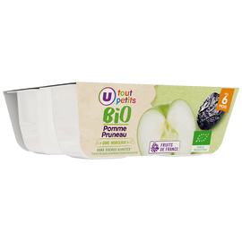 U TOUT PETITS BIO Petits pots bébé dessert pomme et pruneau sans morceaux , dés 6 mois,4x100g