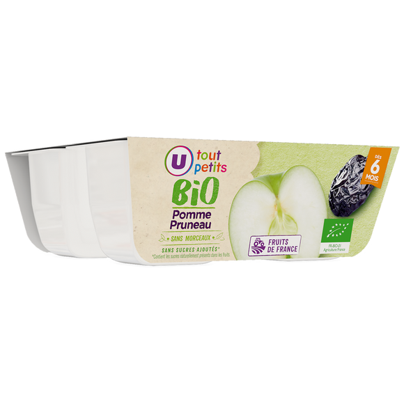 U TOUT PETITS BIO Petits pots bébé dessert pomme et pruneau sans morceaux , dés 6 mois,4x100g