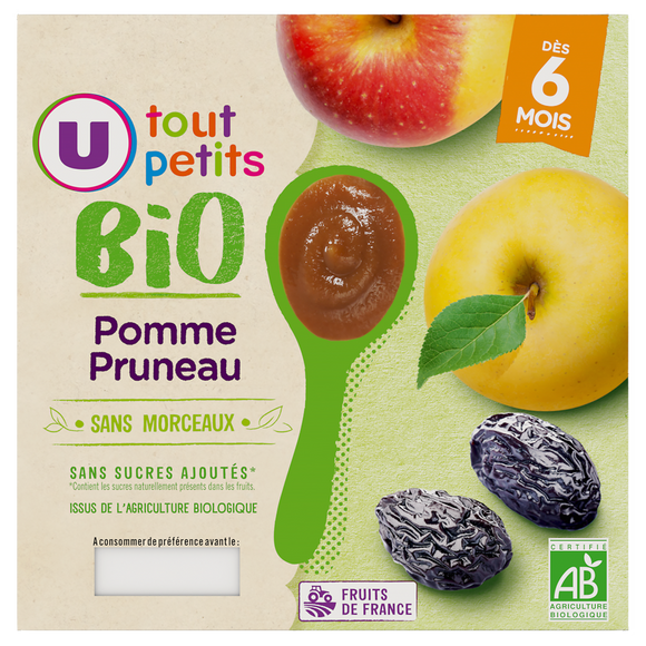 U TOUT PETITS BIO Dessert bébé Pomme et pruneau, de 6 à 12 mois - 4x100g - Petits pots bébé
