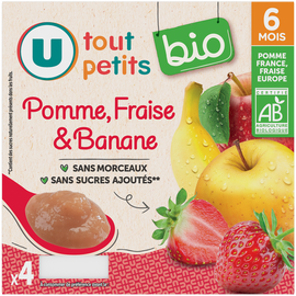 U TOUT PETITS BIO Petits pots bébé dessert pomme fraise banane dès 6 mois,4x100g