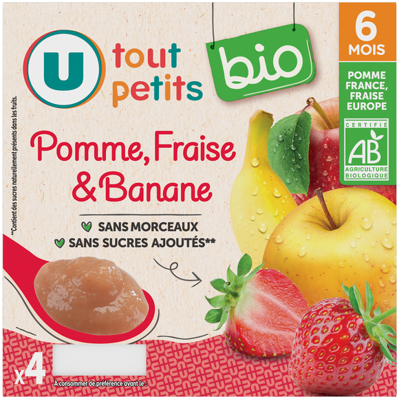 U TOUT PETITS BIO Petits pots bébé dessert pomme fraise banane dès 6 mois,4x100g