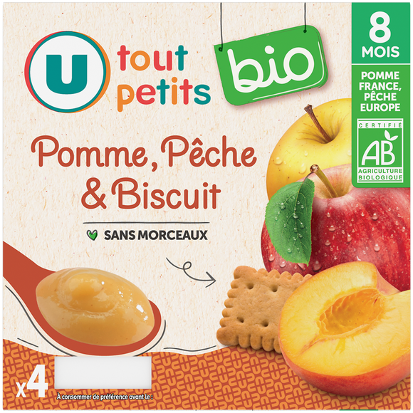U TOUT PETITS BIO Petits pots bébé dessert pomme pêche biscuit dès 8 mois, 4x100g