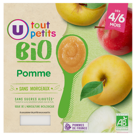 U TOUT PETITS BIO Petits pots bébé dessert pomme dès 4 à 6 mois, 4x100g