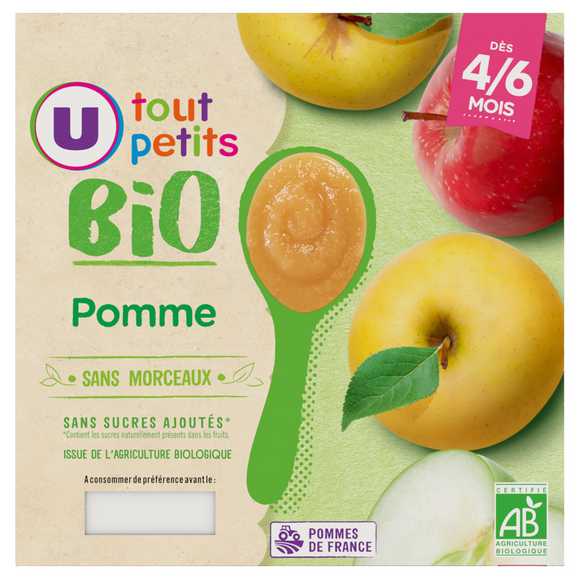 U TOUT PETITS BIO Petits pots bébé dessert pomme dès 4 à 6 mois, 4x100g