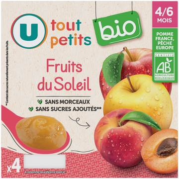 U TOUT PETITS BIO Petits pots bébé dessert aux fruits du soleil dès 4 à 6 mois, 4x100g