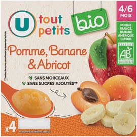 U TOUT PETITS BIO Petits pots bébé dessert à la pomme banane et abricot dès 4 à 6mois, 4x100g