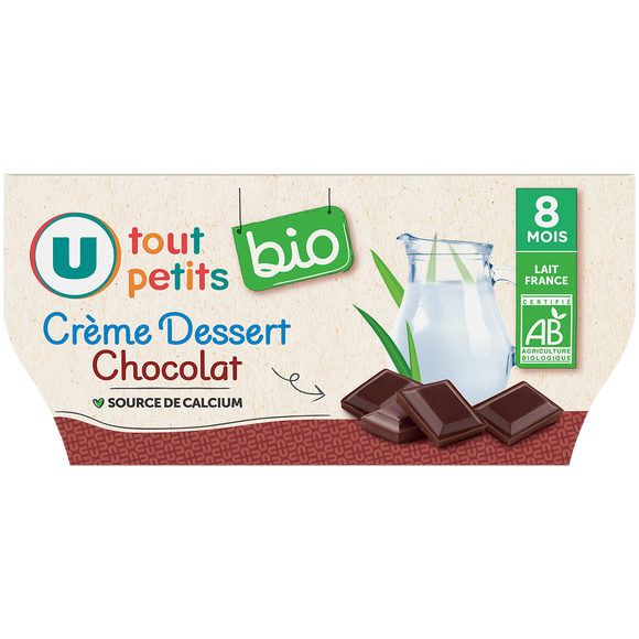 U TOUT PETITS BIO Dessert lacté bébé saveur chocolat dès 8 mois, 4x100g