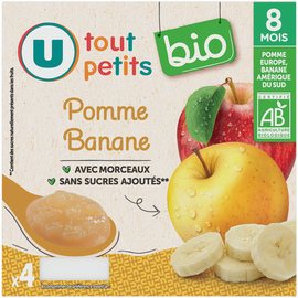 U TOUT PETITS BIO Petits pots bébé dessert pomme et banane avec morceaux dès 8 mois, 4x100g