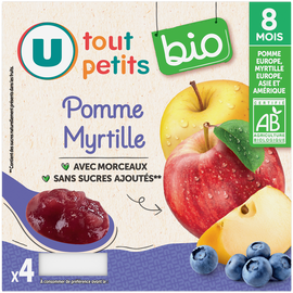 U TOUT PETITS BIO Petits pots bébé dessert pomme, myrtille avec morceaux dès 8 mois, 4x100g