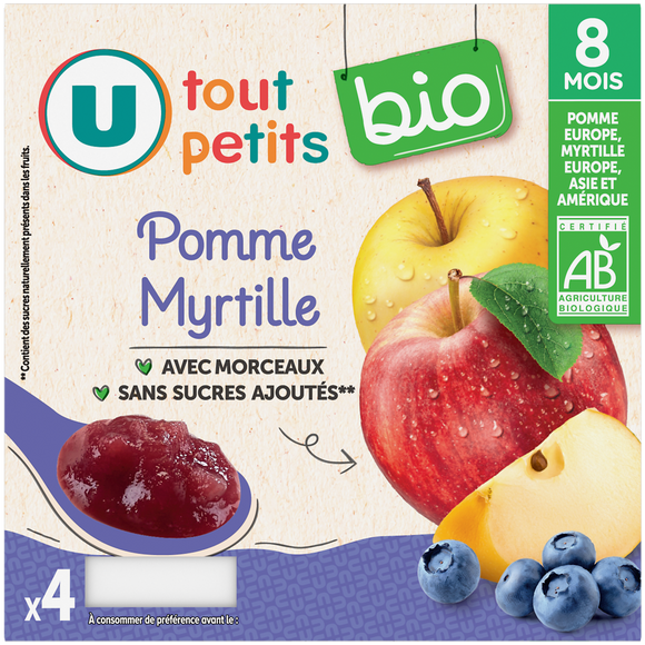 U TOUT PETITS BIO Petits pots bébé dessert pomme, myrtille avec morceaux dès 8 mois, 4x100g