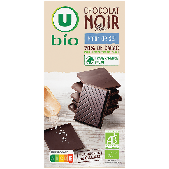 U BIO Chocolat noir fleur de sel,  tablette de 100g