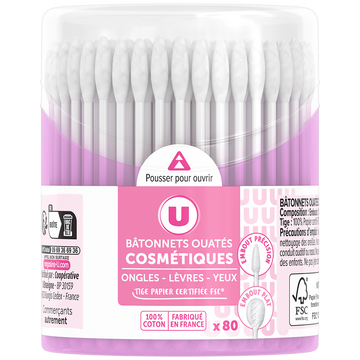 U Bâtonnets ouatés cosmétiques sticks papier 100% boîte de 80