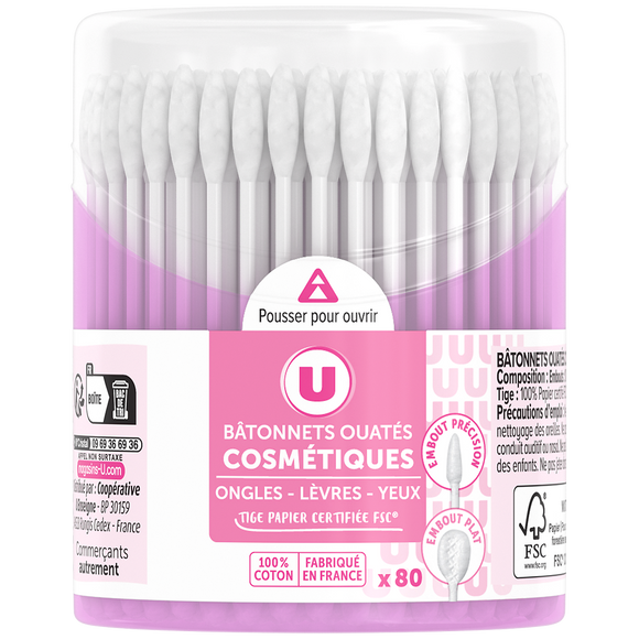 U Bâtonnets ouatés cosmétiques sticks papier 100% boîte de 80