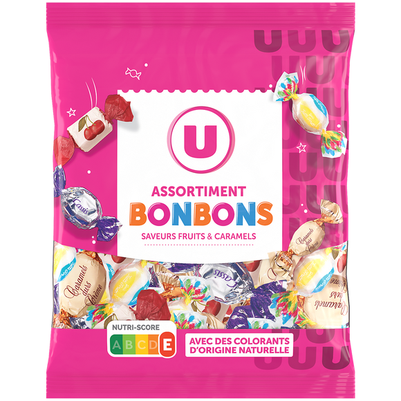 U Assortiment bonbons saveurs fruits et caramels, sachet 340g