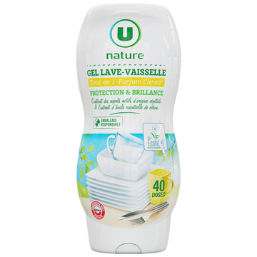 U NATURE Gel lave-vaisselle tout en 1 parfum citron flacon de 720ml