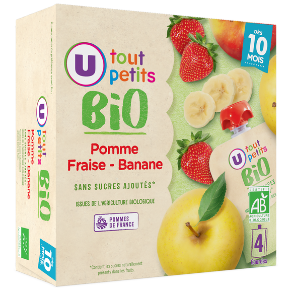U TOUT PETITS BIO Gourdes Bébé pomme/banane/fraise dès 10 mois, 4x90g