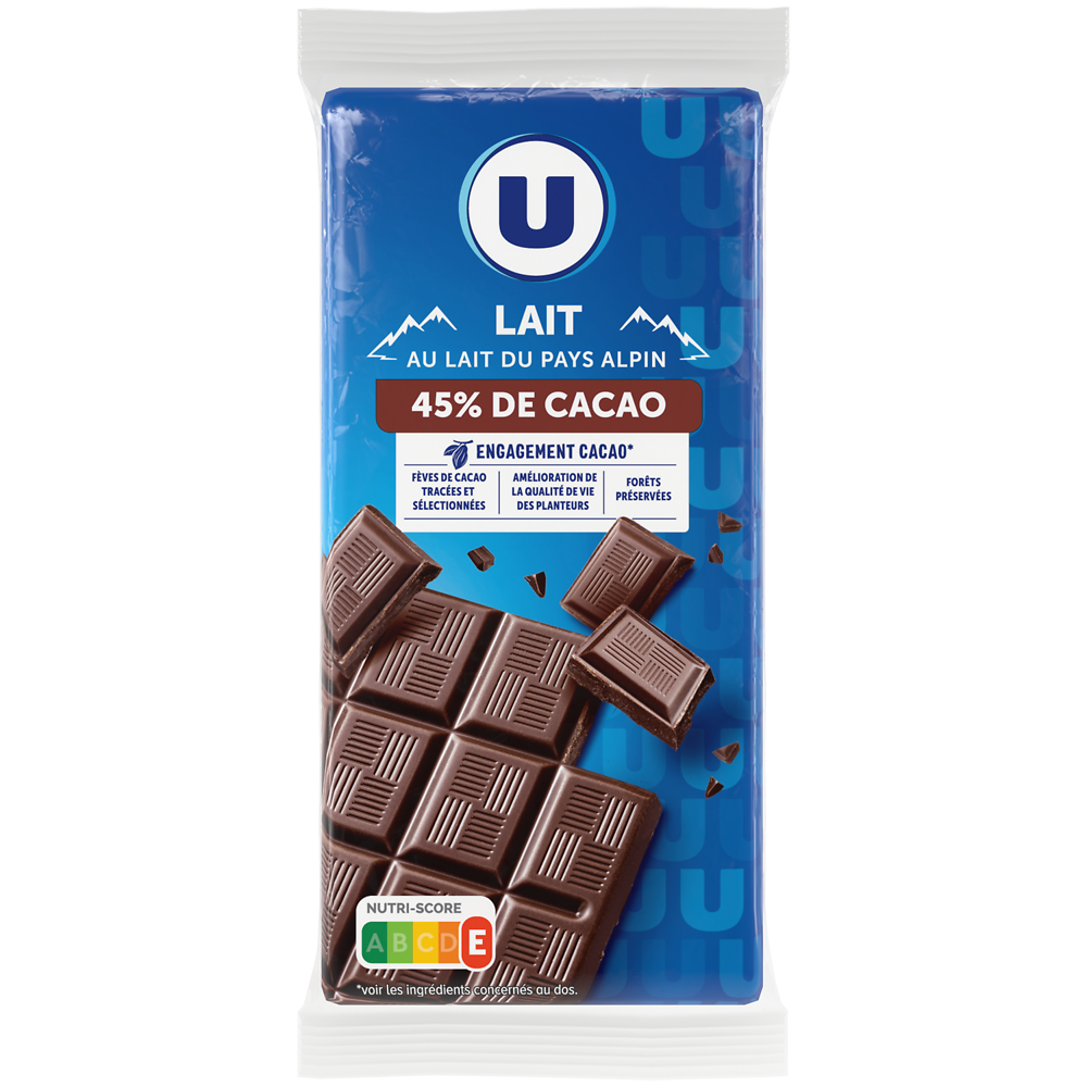 U Chocolat au lait 45%  2 Tablettes de 100g