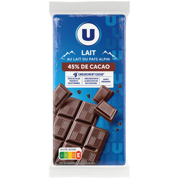 U Chocolat au lait 45%  2 Tablettes de 100g
