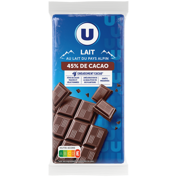 U Chocolat au lait 45%  2 Tablettes de 100g