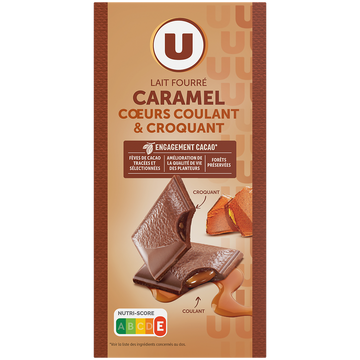 U Chocolat au lait fourré caramel double texture  Tablette de 130g