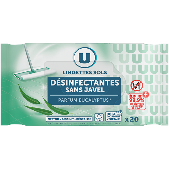 U Lingettes imprégnées multi-surfaces désinfectantes sans javel fraîcheur eucalyptus  x20