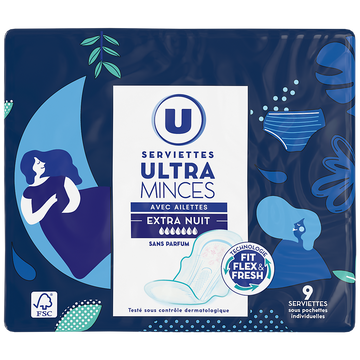U Serviettes hygiéniques ultra extra nuit ailettes boîte x9