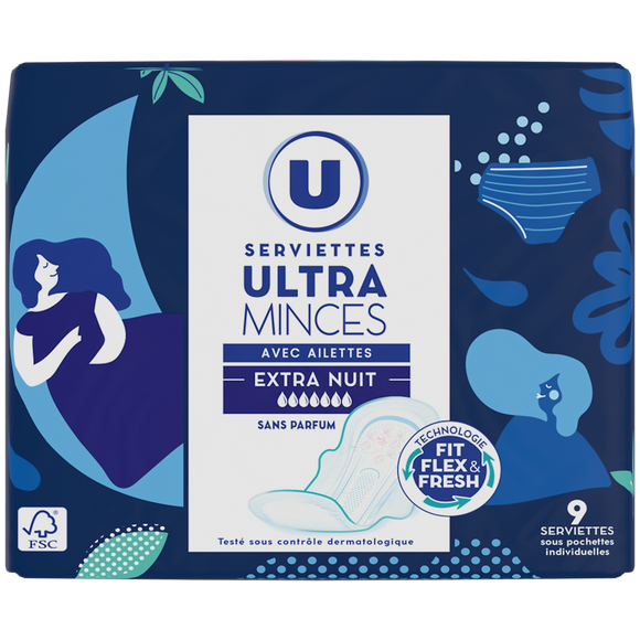 U Serviettes hygiéniques ultra extra nuit ailettes boîte x9