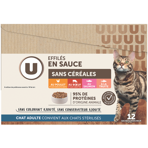 U Sachets fraîcheur pour chat Emincés en sauce haute nutrition viande/poisson - 12x85g