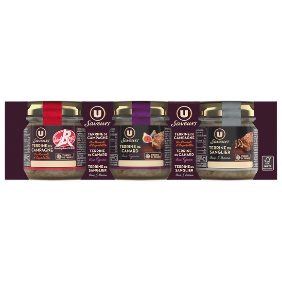 U SAVEURS Terrine de campagne, de canard et de sanglier - 3 terrines de 90g