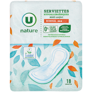U NATURE Serviettes hygiéniques maxi normal - x18