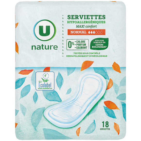 U NATURE Serviettes hygiéniques maxi normal - x18