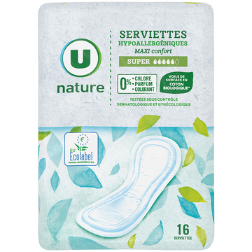 U NATURE Serviettes hygiéniques maxi super - x16
