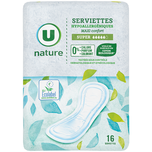 U NATURE Serviettes hygiéniques maxi super - x16