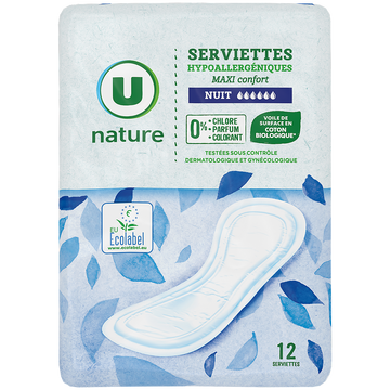 U NATURE Serviettes hygiéniques maxi nuit - x12