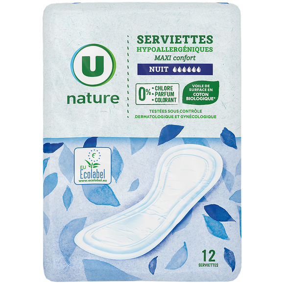 U NATURE Serviettes hygiéniques maxi nuit - x12