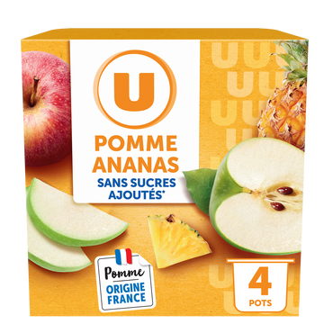 U Dessert fruitier coupelle pomme ananas sans sucre ajouté 4x100g