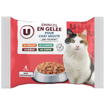 U Sachet fraîcheur pour chat Emincés en gelée cnrd/plt/dinde/foie volaille st4x100g