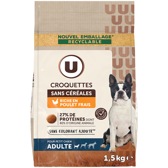 U Croquettes sans céréales riche en poulet frais petit chien 1,5kg