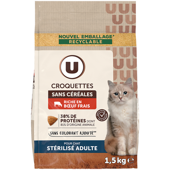U Croquettes sans céréales.riche en boeuf frais pour chat adulte stérilisé 1,5kg
