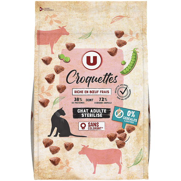 U Croquettes sans céréales riche en boeuf frais pour chat adulte stérilisé 3kg