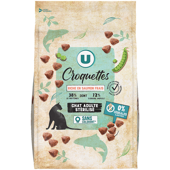 U Croquettes sans céréales riche en saumon frais pour chat adulte stérilisé 1,5kg